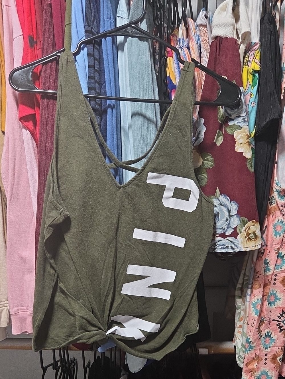 PINK Victoria's Secret Olive Green V-Neck Tank with White Logo